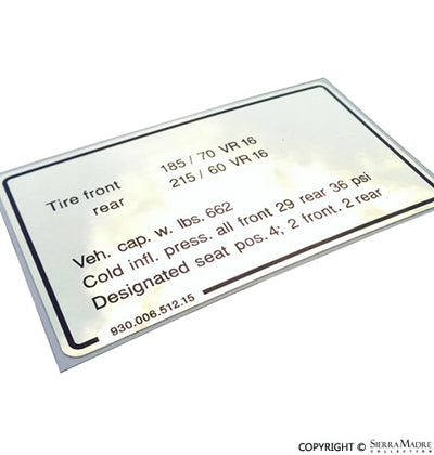 Porsche Tire Pressure Decal - 911 84-89