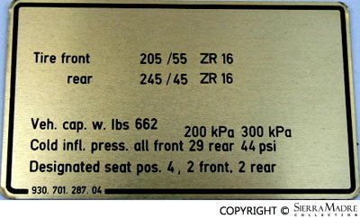Porsche Tire Pressure Decal - 911 87-89