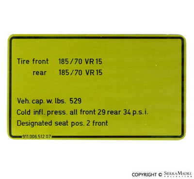Porsche Tire Pressure Decal - 911S 1976 911-006-512-07