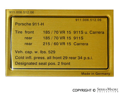 Porsche Tire Pressure Decal - 911S/Carrera 1975 911-006-512-06
