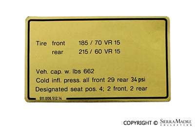 Porsche Tire Pressure Decal - 911SC 81-83 911-006-512-14