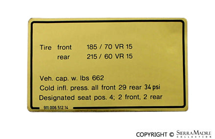 Porsche Tire Pressure Decal - 911SC 81-83 911-006-512-14