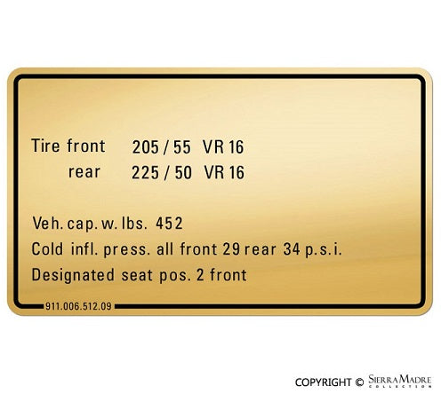 Porsche Tire Pressure Decal - 930 75-77 911-006-512-09