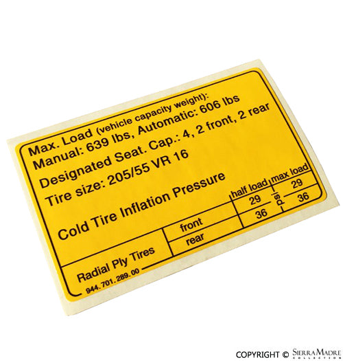 Porsche Tire Pressure Decal - 944 82-88 944-701-289-00