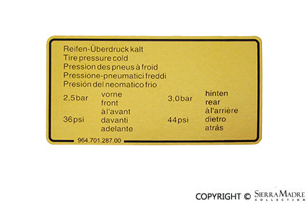 Porsche Tire Pressure Decal - 964/944/Turbo 89-94 964-701-287-00