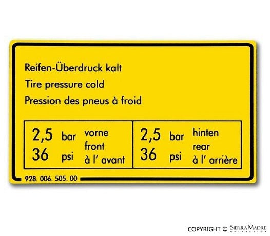 Porsche Tire Pressure Sign - 928 78-82 928-006-505-00
