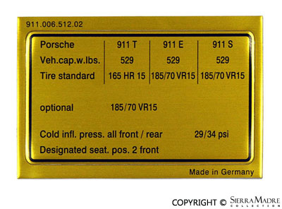 Porsche Vehicle Capacities/Tires Decal - 911 72-73 911-006-512-02